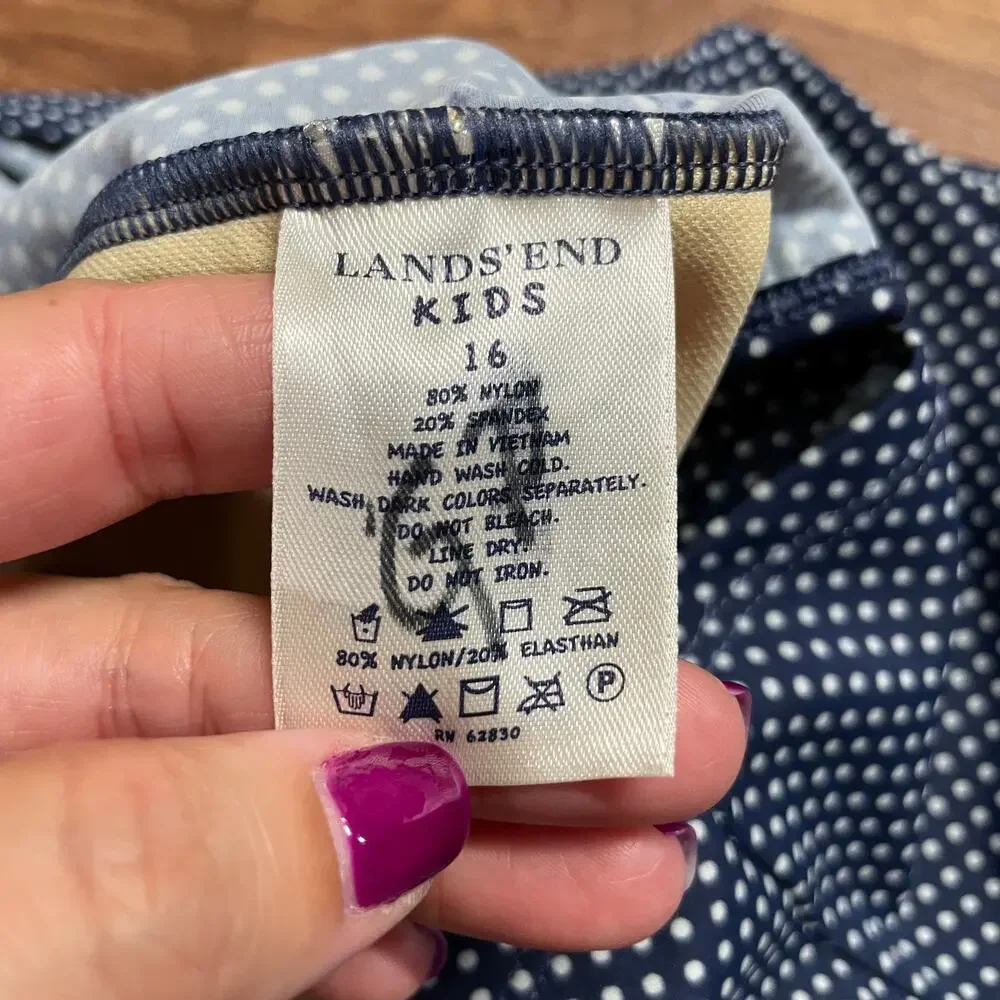 Lands End Girls Blue White Polka Dot Tankini Swim Top Size 16 Red Ruffle